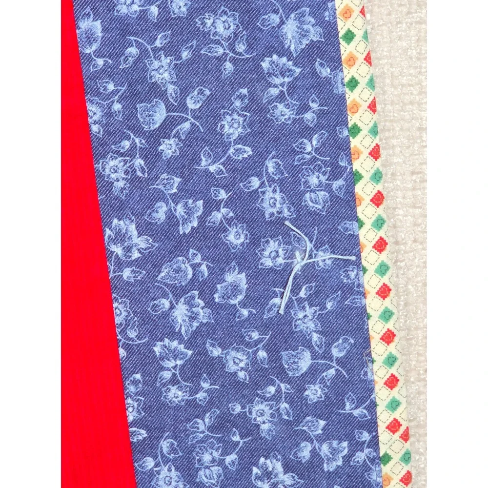 Vintage Hand Tied Denim Quilt Throw Multi Texture Patchwork Red Corduroy 41.5x58